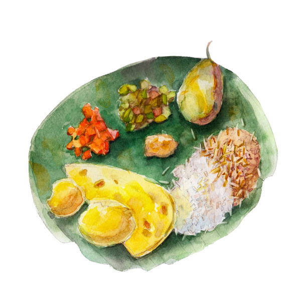 The national indian bengali food on leaf of a banana tree, watercolor illustration isolated on white background. - Photo, Image