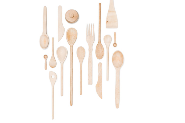Top view of various wooden kitchen utensils isolated on white - Φωτογραφία, εικόνα