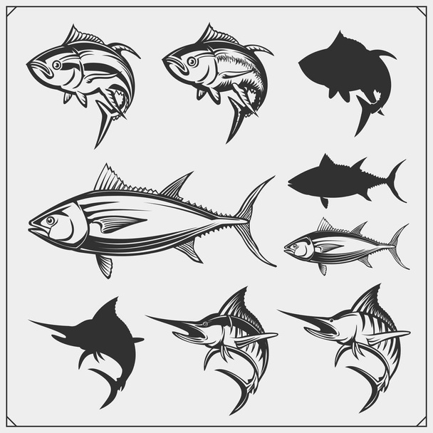 Ilustraciones vectoriales de Atún y Marlin. Diseño monocromático
. - Vector, imagen
