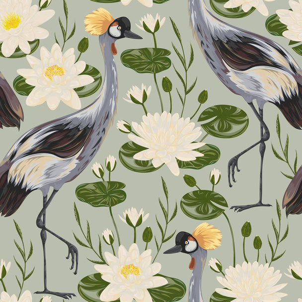Seamless pattern with crane bird and water lily. Oriental motif. Vintage hand drawn vector illustration in watercolor style - Vector, Image