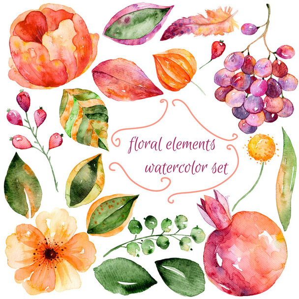 verschiedene Blumen und Granatapfel  - Foto, Bild