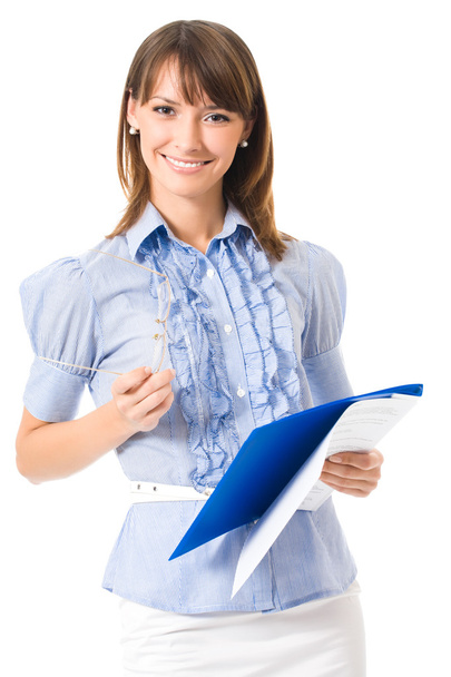Happy smiling cheerful young business woman with documents, isolated - Valokuva, kuva