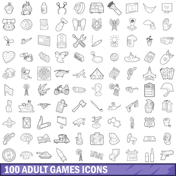 100 juegos para adultos conjunto de iconos, estilo de esquema
 - Vector, Imagen
