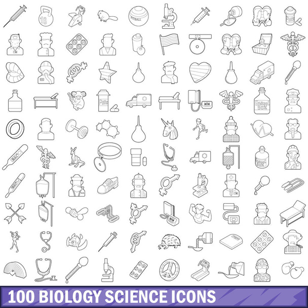 100 生物学科学のアイコンを設定、アウトラインのスタイル - ベクター画像