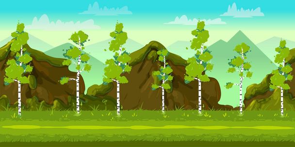 Erdő és a kövek 2D-s játék táj játékok mobil alkalmazások és a számítógépek. A design vektor illusztráció - Vektor, kép