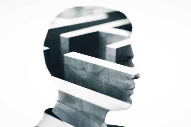 Side view of young businessman and maze on light background. Difficulty concept. Double exposure - Foto, Bild