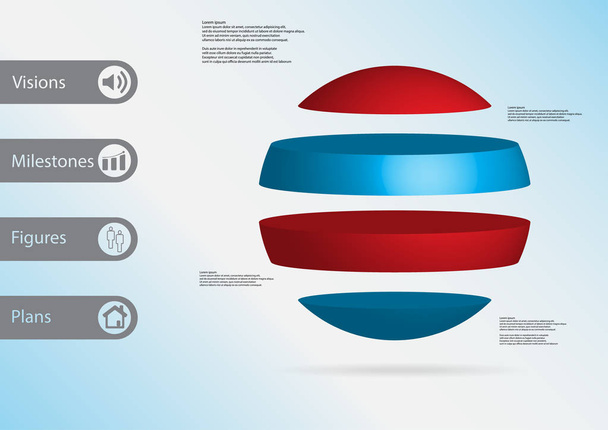 3D illustratie infographic sjabloon met bal horizontaal verdeeld naar vier standalone kleur delen - Vector, afbeelding