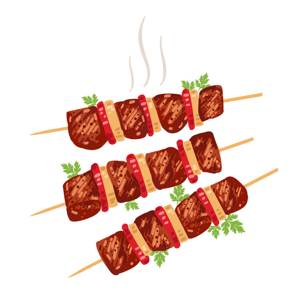 Shish kebab op spiesjes met uien en tomaten.  - Vector, afbeelding