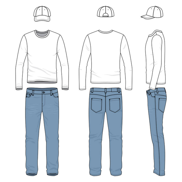 Set of male tee, jeans, baseball cap. - Vector, Imagen