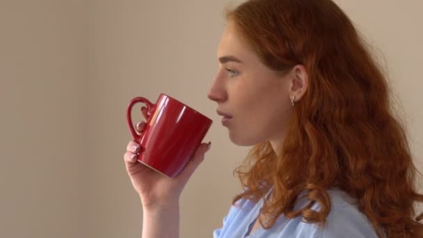 Portrait redheaded female enjoy drink. - Video