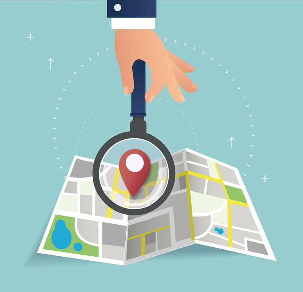 hand holding the magnifying glass and pin location icon and map vector, the concept of travel  - Vector, imagen
