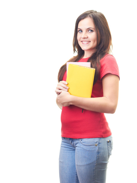 Attrayant souriant jeune femme dans une chemise rouge tenant un coloré
 - Photo, image