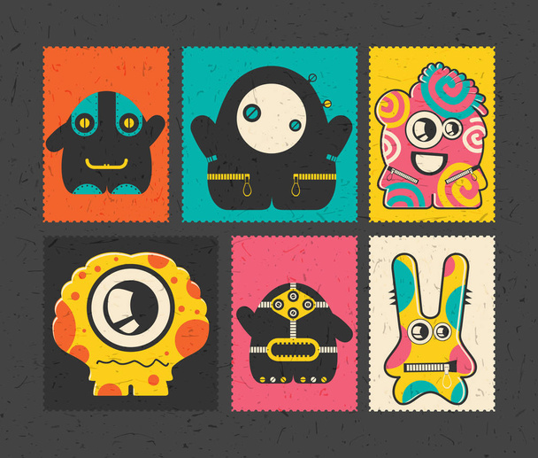 Set of six retro postage`s stamp with funny monsters on different color background.  - Wektor, obraz