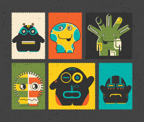 Set of six retro postage`s stamp with funny monsters on different color background.  - Vetor, Imagem