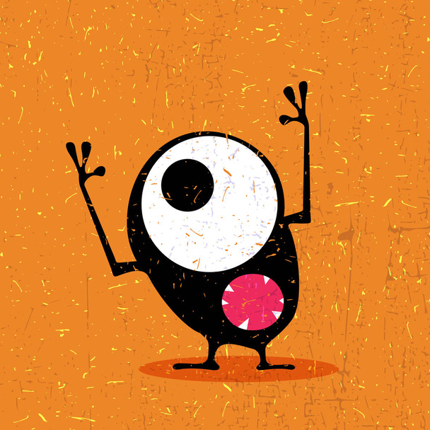 Cute black monster with emotions on grunge orange background.  - Wektor, obraz
