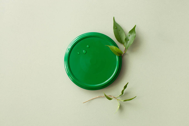 A lid from a jar with a twig with green leaves on a green - Fotografie, Obrázek