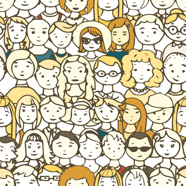 Бесшовный рисунок лица людей, нарисованных вручную. Векторная иллюстрация толпы людей - Вектор,изображение