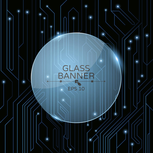 A glass banner on the background of a computer board with luminous neon connectors. A high-tech computer circuit of blue color. Vector illustration - Вектор,изображение