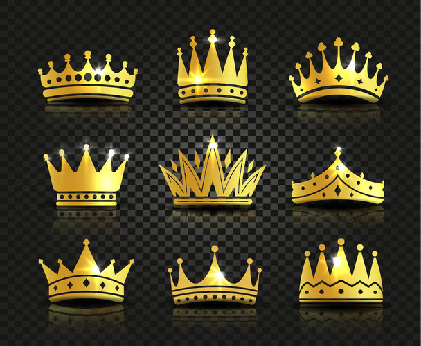 isolierte goldene Farbe Kronen Logo-Sammlung auf schwarzem Hintergrund, Luxus königlichen Zeichen Vektor-Illustrationen gesetzt - Vektor, Bild