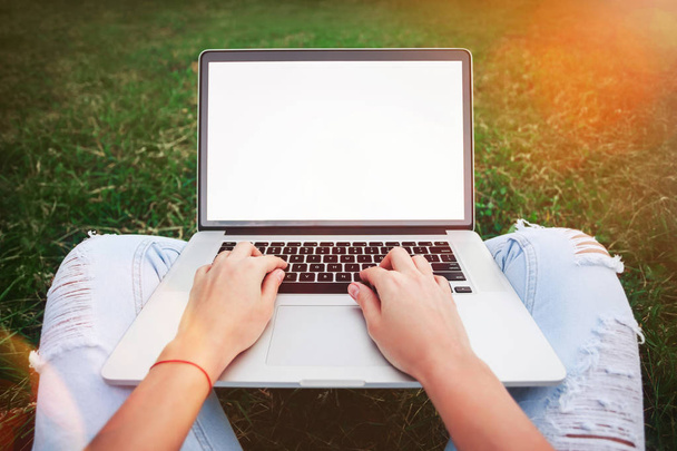 Jeune femme utilisant et tapant ordinateur portable dans l'herbe d'été. Freelance travaillant dans le parc extérieur. - Photo, image