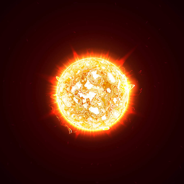 Burning realistyczny 3d słońce, lampy błyskowe, blask, flare, iskry, płomienie, promienie ciepła i ognia. Pomarańczowy, gorąco, kosmiczne czerwonej planety na czarne tło wektor ilustracja - Wektor, obraz