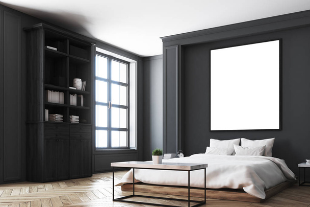 Black bedroom interior, poster corner - Foto, Imagen