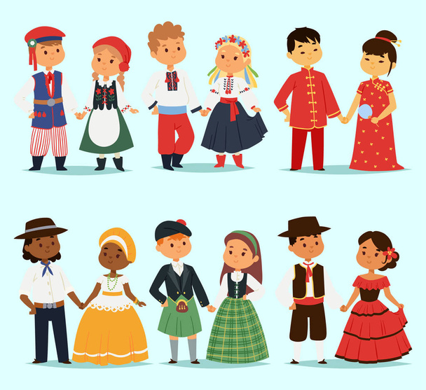 Hagyományos gyerekek párok karakter világ ruha lányok és fiúk, különböző népviselet és aranyos kis gyerekek nemzetiségi ruha vektoros illusztráció. - Vektor, kép