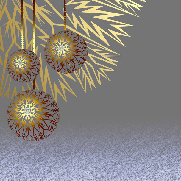 Three golden Christmas balls hanging above the snow surface - Photo, Image