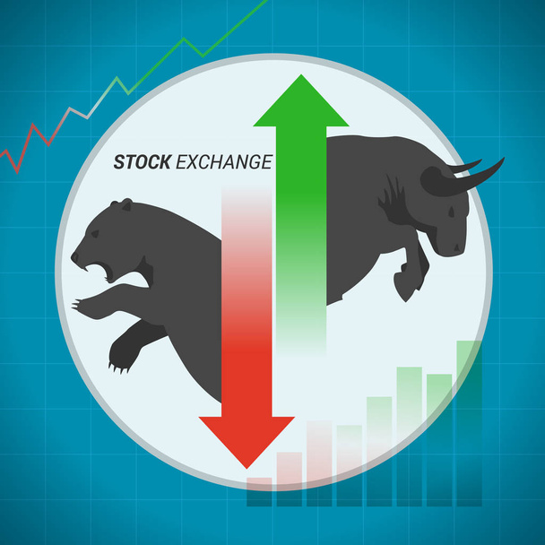 Akciový trh koncepce bull vs medvědí s šipku nahoru nebo dolů - Vektor, obrázek