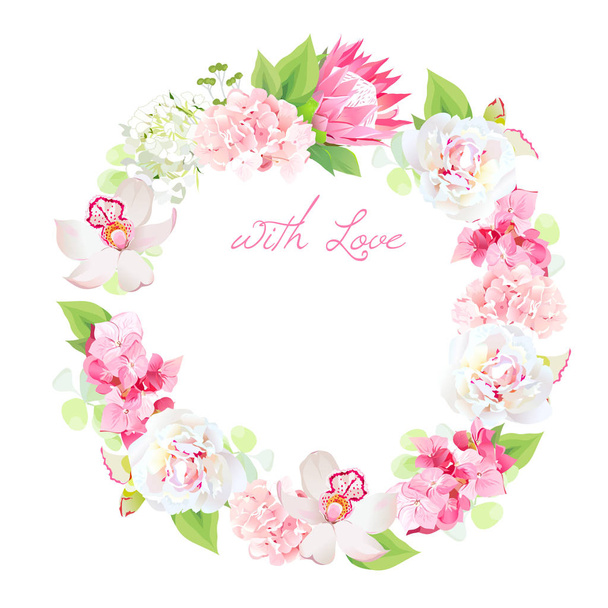 Spring leaves and flowers vector design round frame - Διάνυσμα, εικόνα