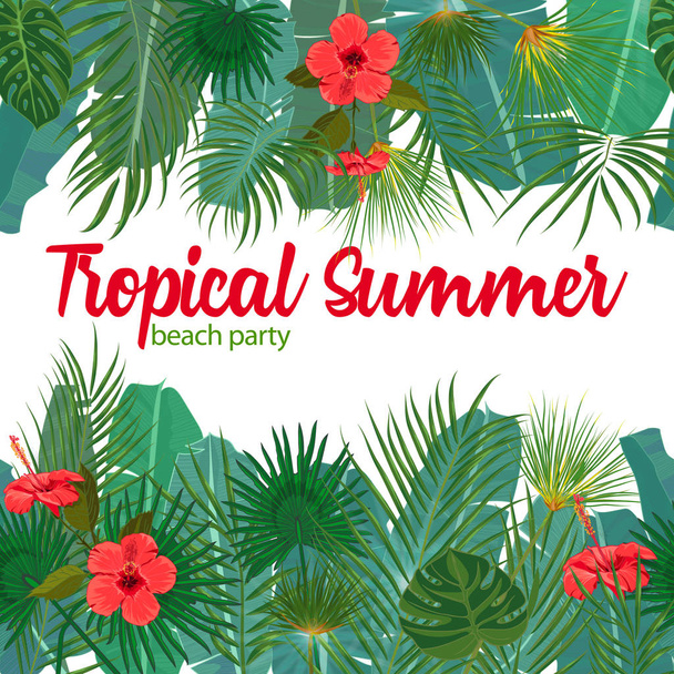 手描きの熱帯のヤシの葉とシームレスなフレームの枠線と白い背景のジャングル エキゾチックな花チラシ テンプレート - ベクター画像