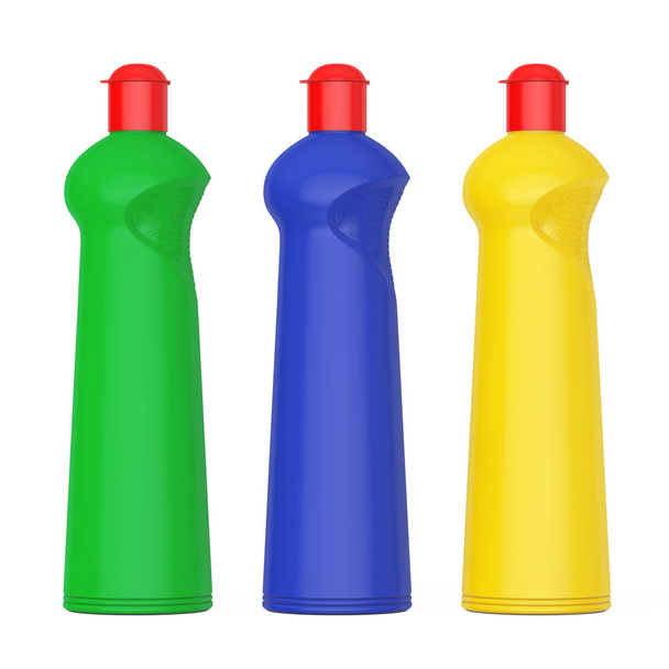 Bouteilles en plastique multicolore pour détergent liquide. Rendu 3d
 - Photo, image