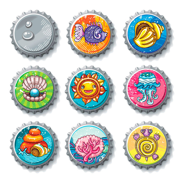 Summer vacation  bottle caps - Vector, Image