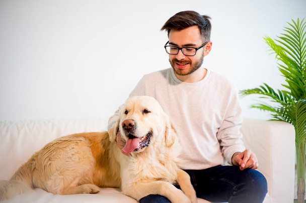 犬と遊ぶ男 - 写真・画像
