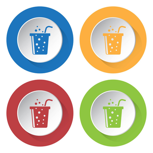four round color icons, carbonated drink and straw - Vector, Image