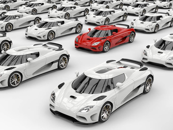 Superb vermelho carmesim carro esportivo destaca-se em uma multidão de carros brancos
 - Foto, Imagem