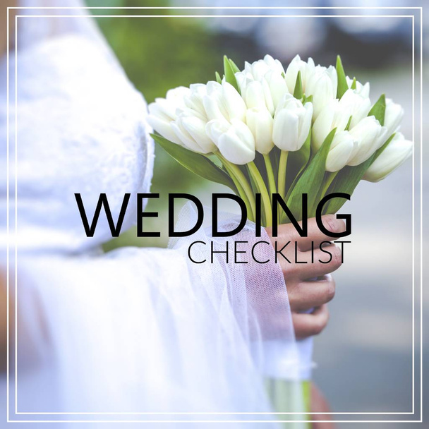 Wedding Checklist. Beautiful wedding bouquet in hands of the bri - Photo, Image