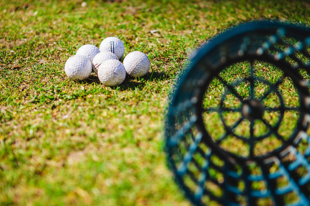 Golf club and balls in grass - Фото, изображение