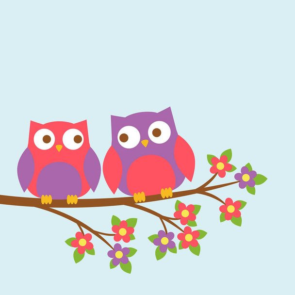 Couple of cute owls on blooming branch - Vettoriali, immagini
