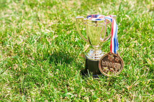 Zlatá trofej na trávě s bronzovou barvu vítěz medailon na červená bílá a modrá stužka - Fotografie, Obrázek
