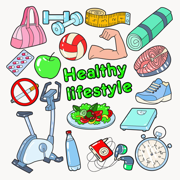 Υγιεινός τρόπος ζωής αθλητισμού Doodle με γυμναστήριο, τρόφιμα και βιταμίνες. Εικονογράφηση διάνυσμα - Διάνυσμα, εικόνα