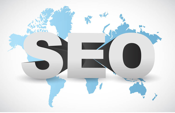 seo sign illustration over a blue world map - Foto, afbeelding