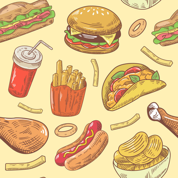 Fast Food Hand Drawn Seamless Pattern with Burger, Chicken and Fries. Vector background - Vektor, obrázek