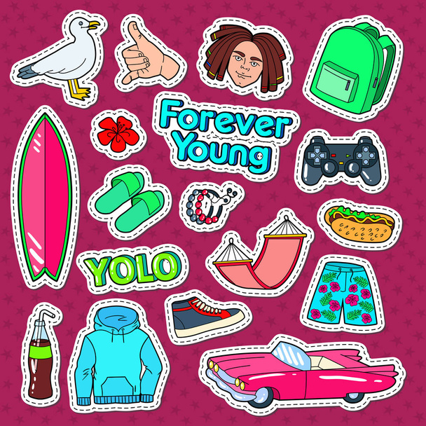 Estilo de vida adolescente Doodle con Surf, coche rosa y comida rápida para pegatinas, parches e insignias. Ilustración vectorial
 - Vector, imagen