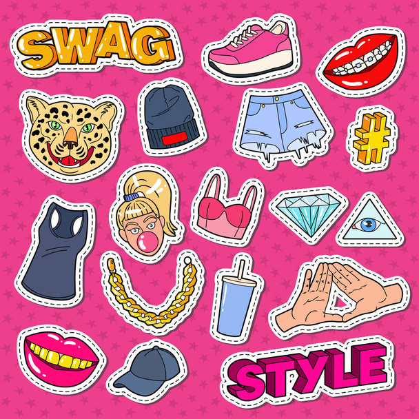 Swag Style Teenage Fashion Doodle huulet, kädet ja tarvikkeet tarroja, laastareita ja virkamerkkejä. Vektoriesimerkki
 - Vektori, kuva