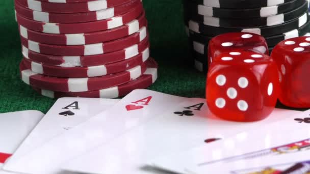 Gambling Red Dice Poker Cards and Money Chips - Footage, Video