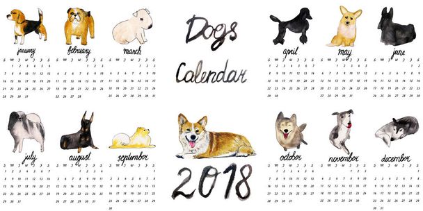Dogs Calendar 2018. Watercolor illustration - Photo, Image