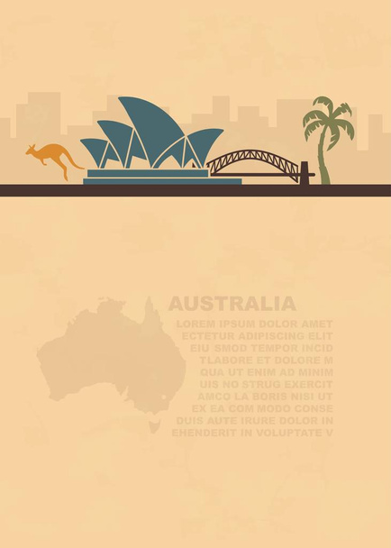 Malli lehtisiä kartalla ja symbolit Australian ja paikka tekstin vanhalle paperille
 - Vektori, kuva