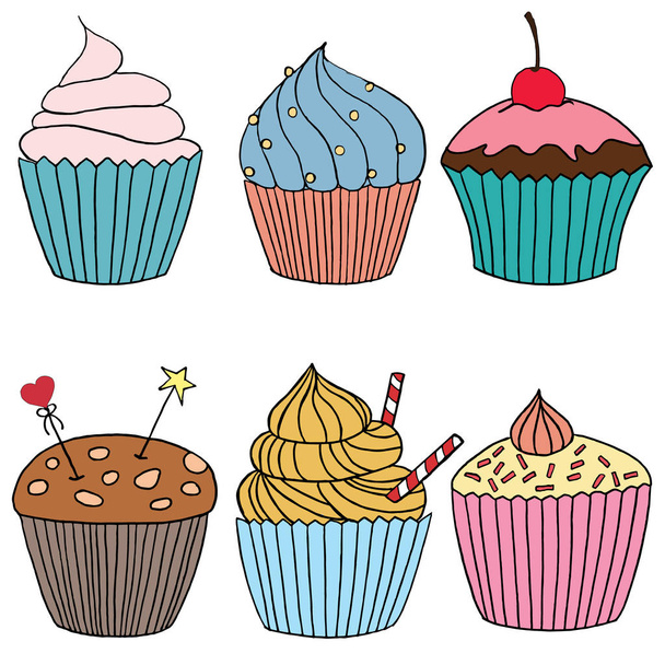 Ilustración de cupcake vectorial. Conjunto de cupcakes dibujados a mano. Pasteles de fideos con crema y bayas
. - Vector, imagen