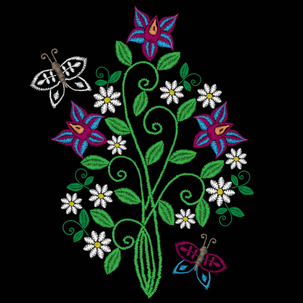 Embroidery stitches imitation folk flower and butterfly with gre - Vector, Image